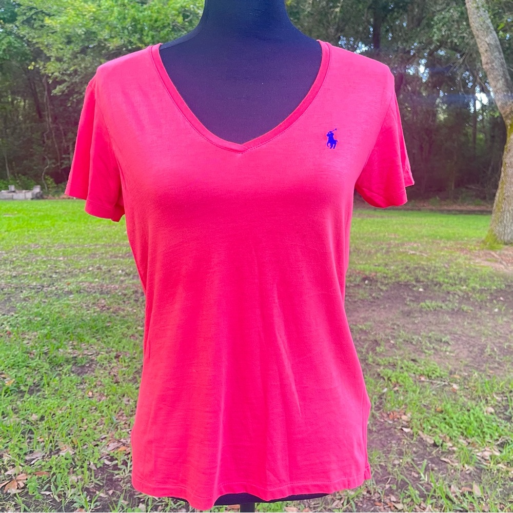 RALPH LAUREN SPORT SHORT SLEEVE V NECK COTTON HOT PINK DARK PURPLE HORSE LOGO